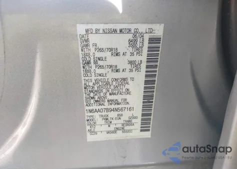 2004 Nissan Titan Se из США, поврежденный, VIN 1N6AA07B94N567161